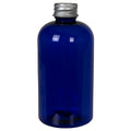 8 oz. Cobalt Blue PET Squat Boston Round Bottle with 24/410 Brushed Silver Aluminum Cap with Foam Liner
