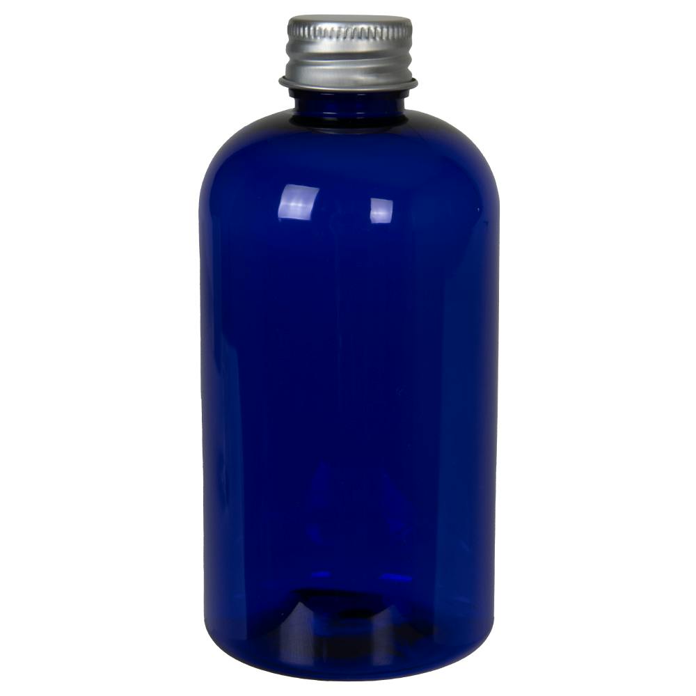 8 oz. Cobalt Blue PET Squat Boston Round Bottle with 24/410 Brushed Silver Aluminum Cap with Foam Liner