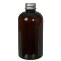 8 oz. Light Amber PET Squat Boston Round Bottle with 24/410 Brushed Silver Aluminum Cap with Foam Liner