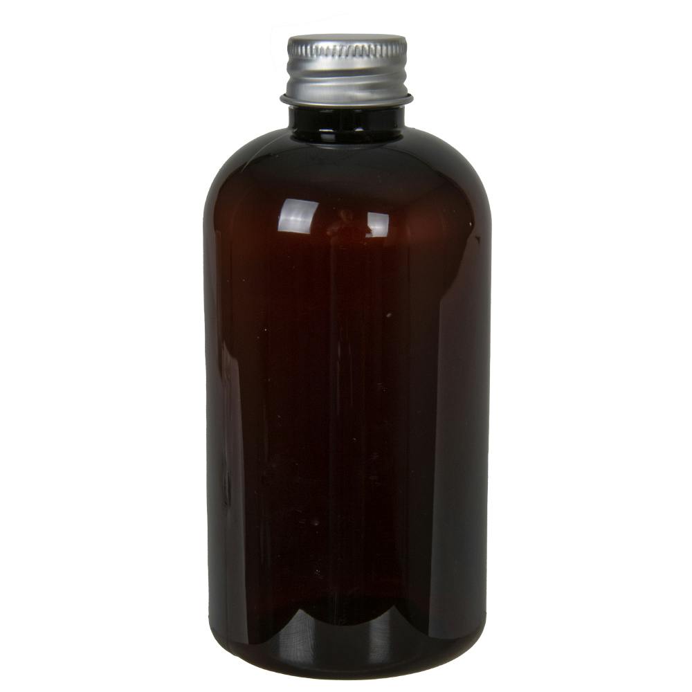 8 oz. Light Amber PET Squat Boston Round Bottle with 24/410 Brushed Silver Aluminum Cap with Foam Liner
