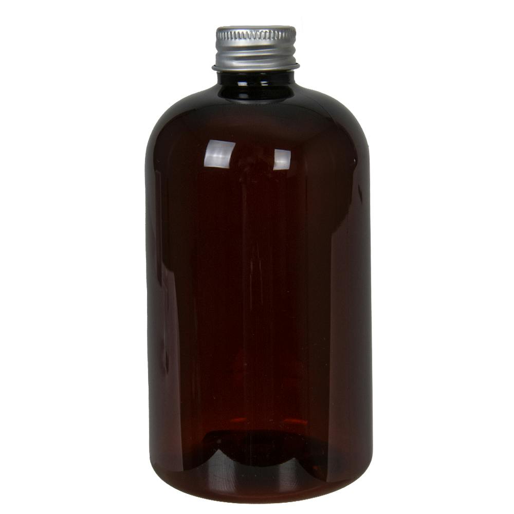 12 oz. Light Amber PET Squat Boston Round Bottle with 24/410 Brushed Silver Aluminum Cap with Foam Liner