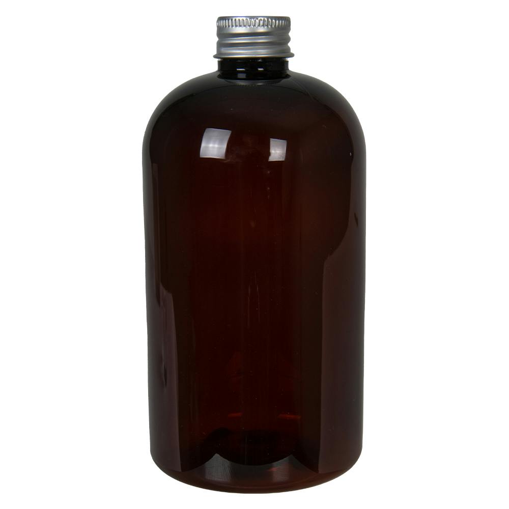 16 oz. Light Amber PET Squat Boston Round Bottle with 24/410 Brushed Silver Aluminum Cap with Foam Liner