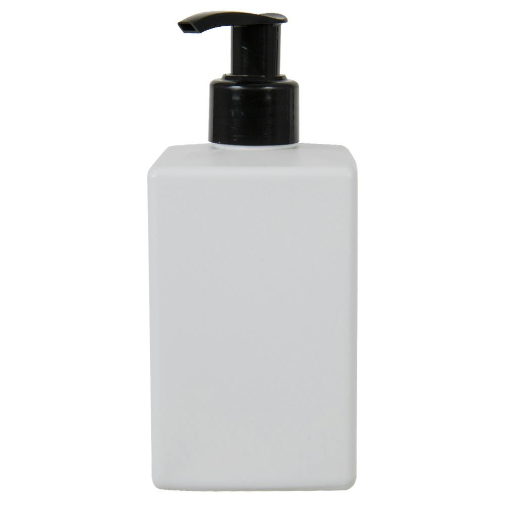 10 oz. White HDPE Square Bottle with 24/410 Black Smooth Lock-Up Lotion Pump