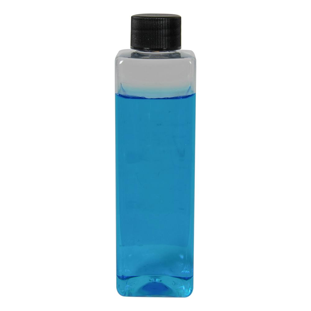 4 oz. Clear PET Square Bottle with 20/410 Black Ribbed Cap with F217 Liner