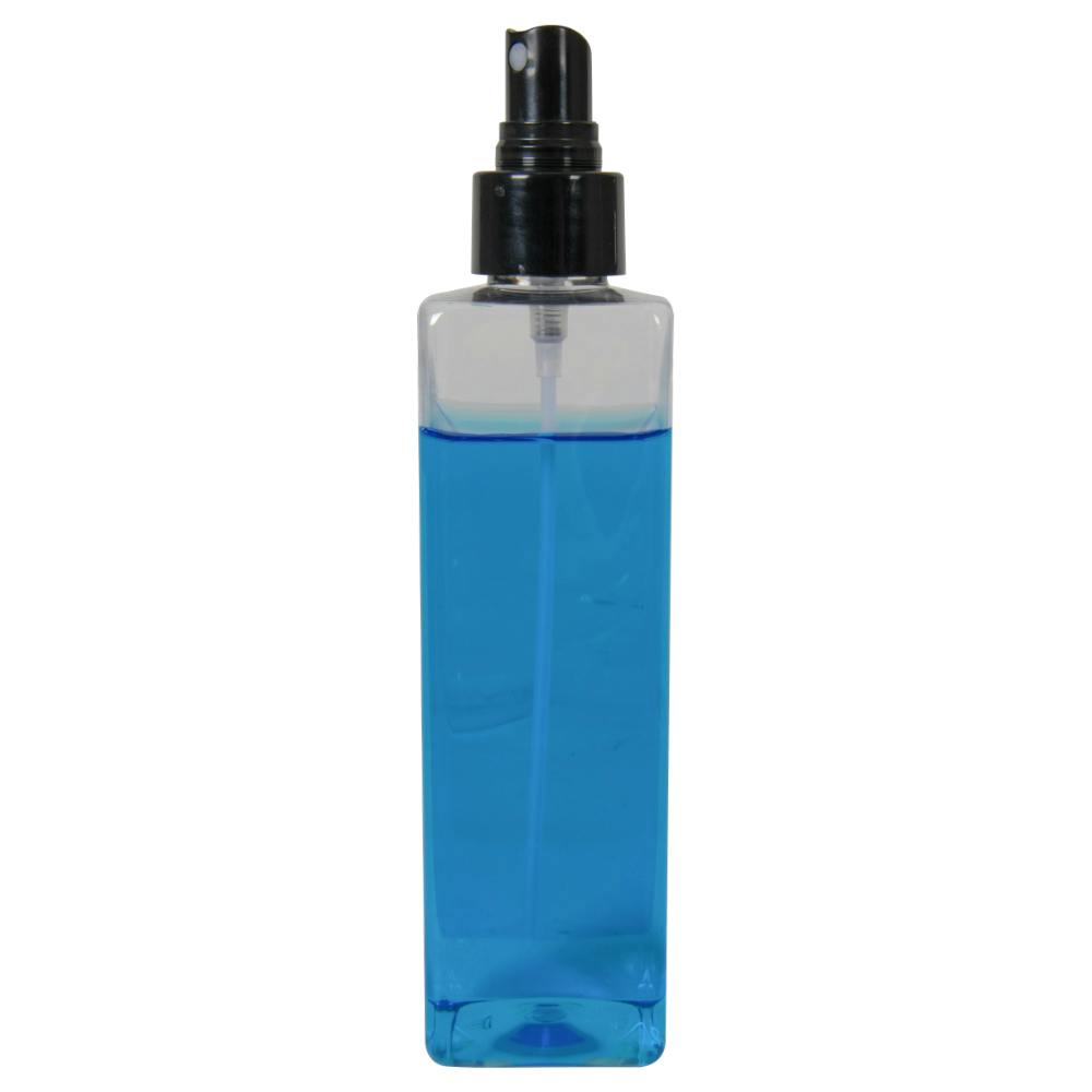 8 oz. Clear PET Square Bottle with 24/410 Smooth Black Fine Mist Finger Sprayer & 0.16mL Output