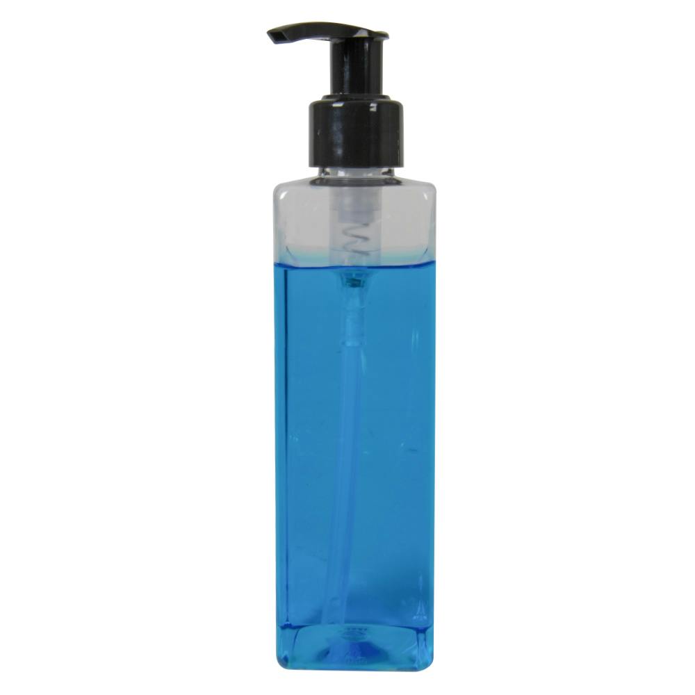 8 oz. Clear PET Square Bottle with 24/410 Smooth Black Lock-Up Lotion Pump & 1.2mL Output