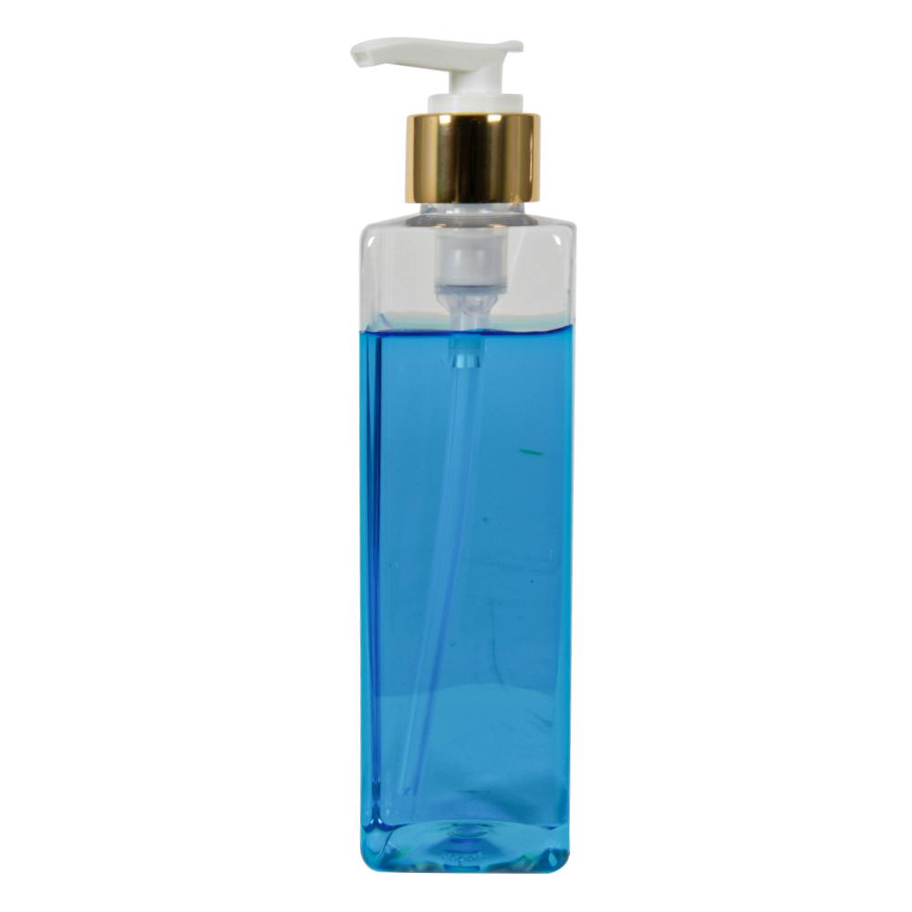 8 oz. Clear PET Square Bottle with 24/410 Smooth Gold/White Lock-Down Lotion Pump & 2mL Output
