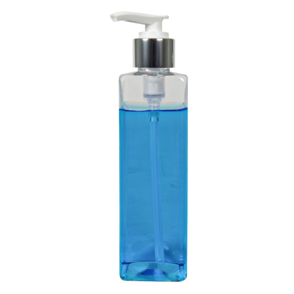 8 oz. Clear PET Square Bottle with 24/410 Smooth Silver/White Lock-Down Lotion Pump & 2mL Output