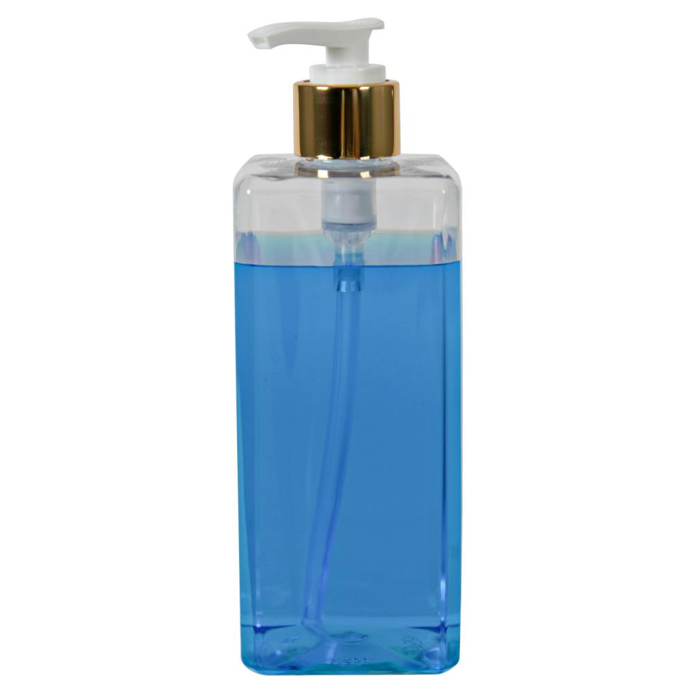 14 oz. Clear PET Square Bottle with 24/410 Smooth Gold/White Lock-Down Lotion Pump & 2mL Output