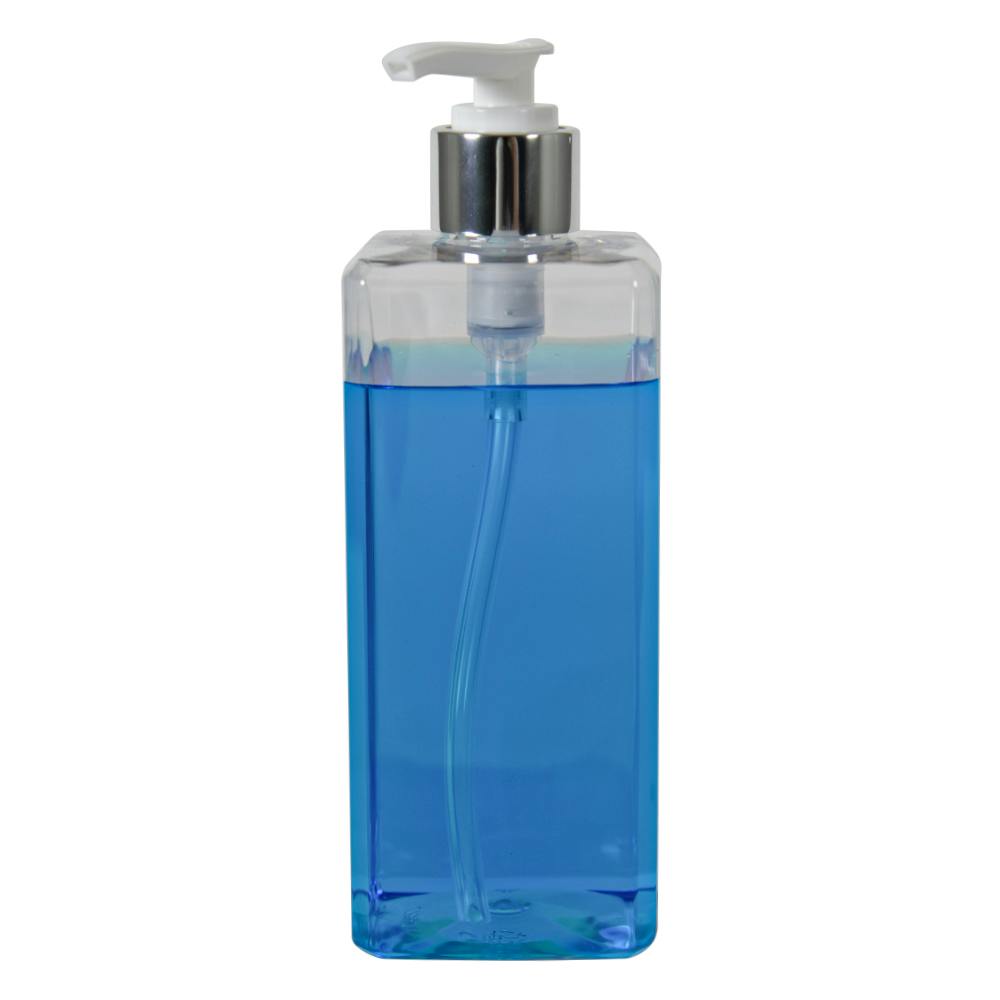 14 oz. Clear PET Square Bottle with 24/410 Smooth Silver/White Lock-Down Lotion Pump & 2mL Output