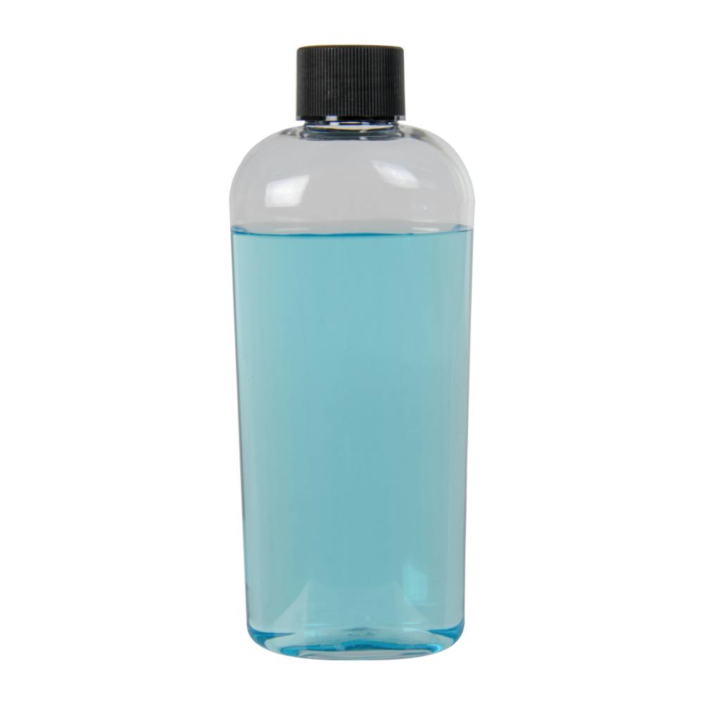 6 oz. Clear PET Cosmo High Clarity Oval Bottle with 24/410 Black Ribbed Cap with F217 Liner