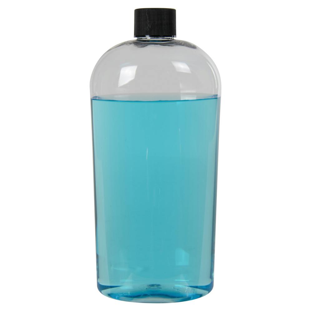 16 oz. Clear PET Cosmo High Clarity Oval Bottle with 24/410 Black Ribbed Cap with F217 Liner