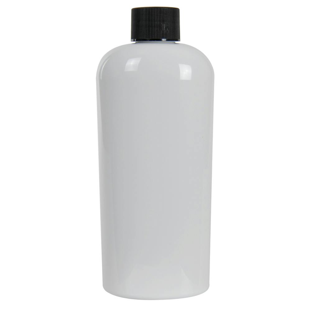 8 oz. White PET Cosmo Oval Bottle with 24/410 Black Ribbed Cap with F217 Liner