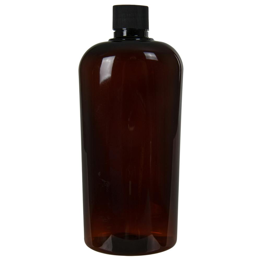 15.2 oz. Amber PET Vale High Clarity Oval Bottle with 28/410 Black Ribbed Cap with F217 Liner