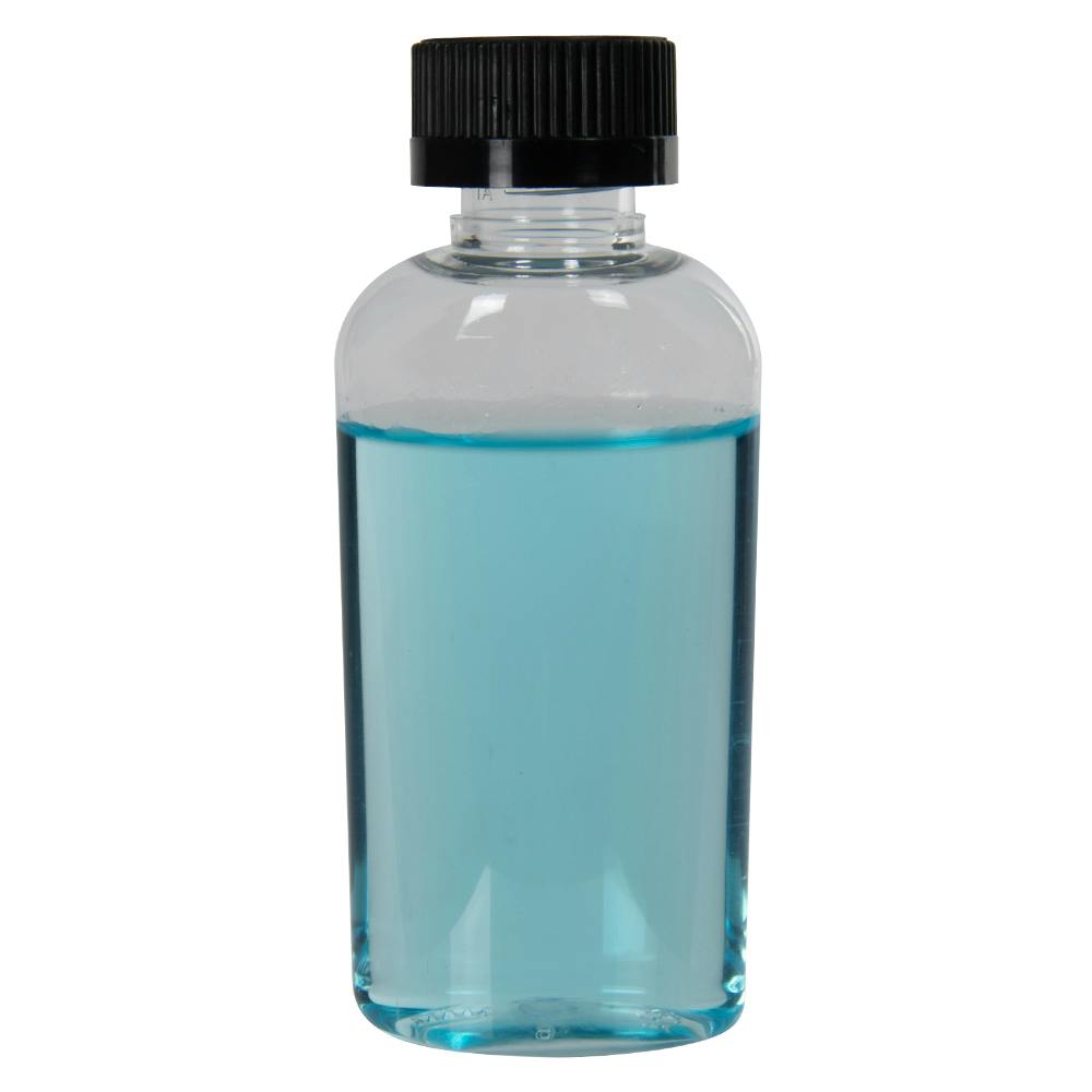 2 oz. Clear PET Cosmo High Clarity Oval Bottle with 20/400 Black Polypropylene Ribbed Child-Resistant Cap (CRC) with F217 Liner