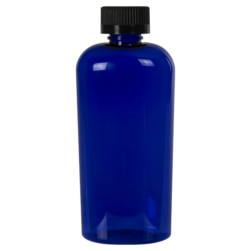 4 oz. Cobalt Blue PET Cosmo Oval Bottle with 20/400 Black Polypropylene Ribbed Child-Resistant Cap (CRC) with F217 Liner
