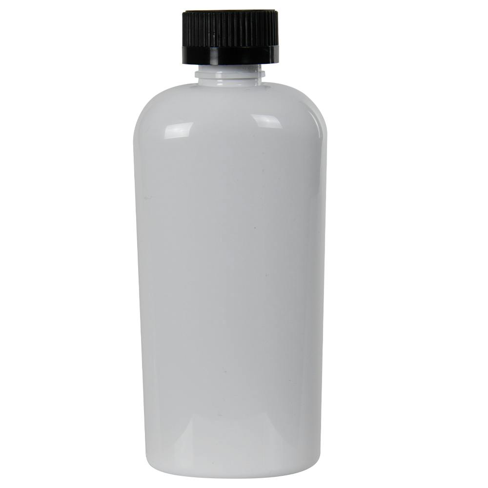 4 oz. White PET Cosmo Oval Bottle with 20/400 Black Polypropylene Ribbed Child-Resistant Cap (CRC) with F217 Liner