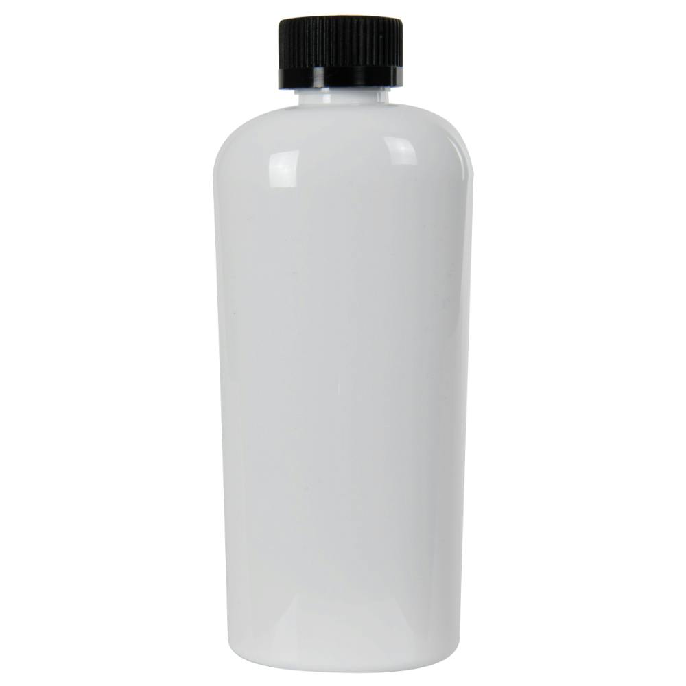 8 oz. White PET Cosmo Oval Bottle with 24/400 Black Polypropylene Ribbed Child-Resistant Cap (CRC) with F217 Liner