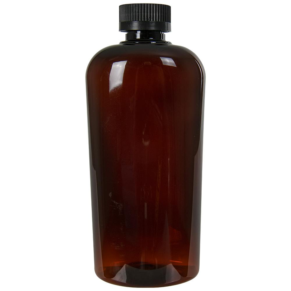 15.2 oz. Amber PET Vale High Clarity Oval Bottle with 24/400 Black Polypropylene Ribbed Child-Resistant Cap (CRC) with F217 Liner