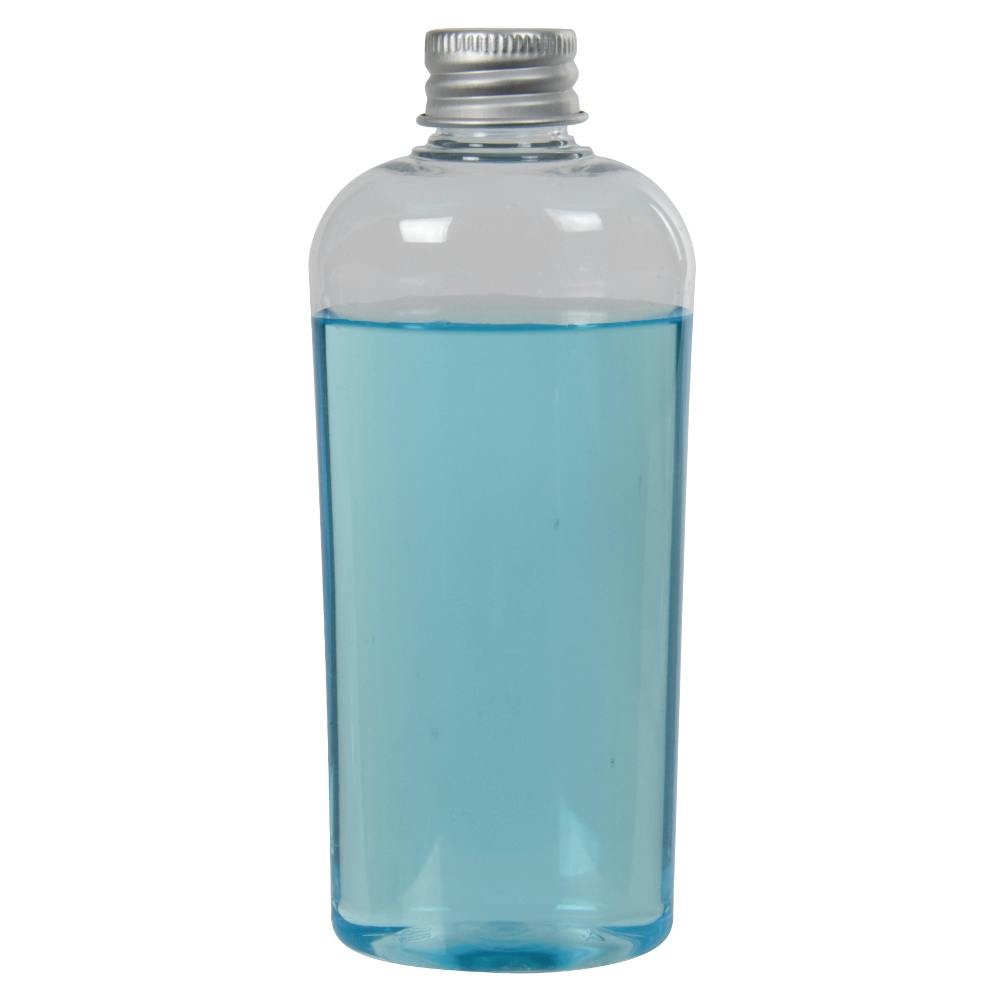 4 oz. Clear PET High Clarity Cosmo Oval Bottle with 20/410 Brushed Silver Aluminum Cap with Foam Liner