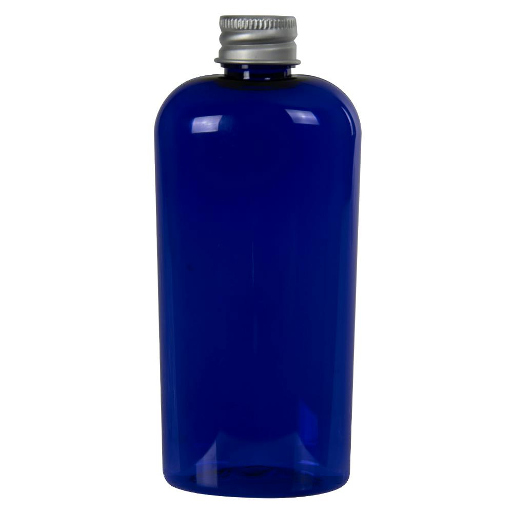 4 oz. Cobalt Blue PET Cosmo Oval Bottle with 20/410 Brushed Silver Aluminum Cap with Foam Liner