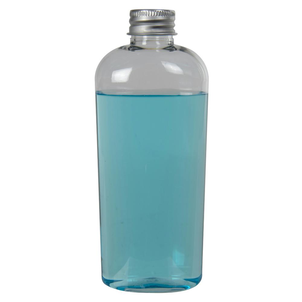 6 oz. Clear PET High Clarity Cosmo Oval Bottle with 24/410 Brushed Silver Aluminum Cap with Foam Liner