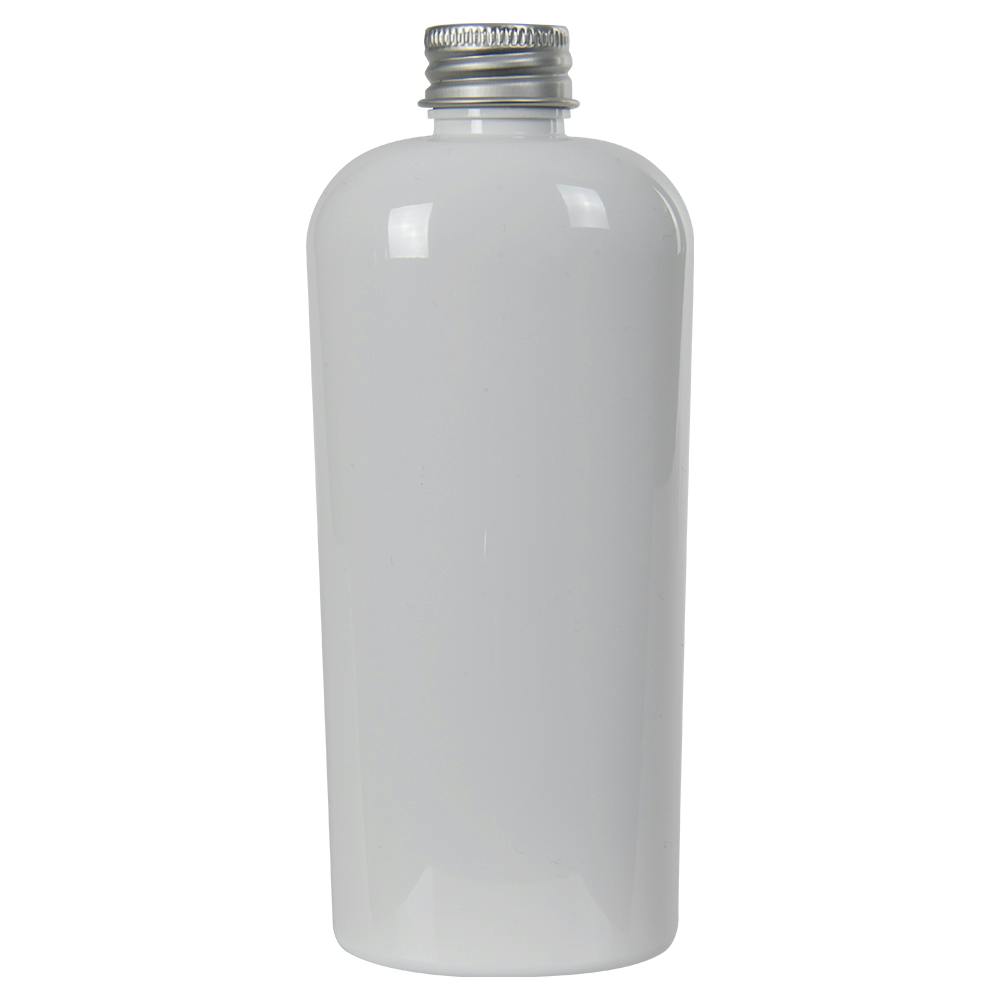 8 oz. White PET Cosmo Oval Bottle with 24/410 Brushed Silver Aluminum Cap with Foam Liner