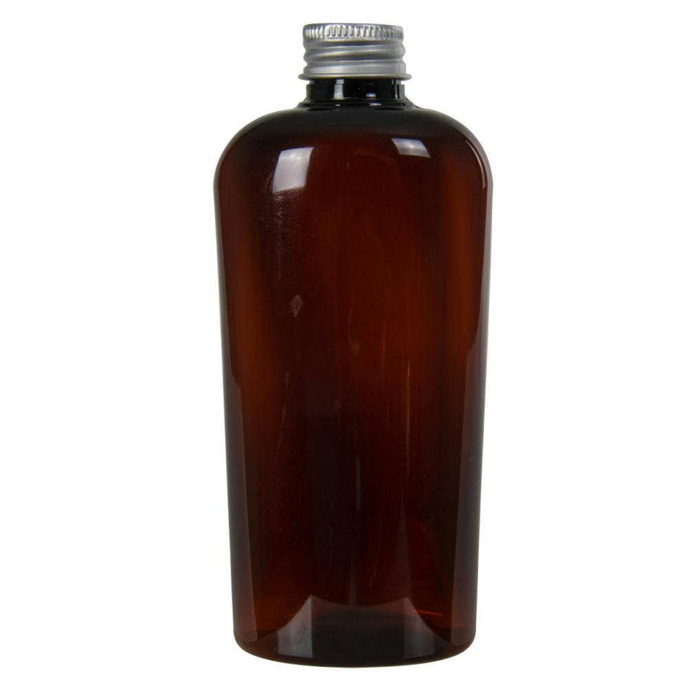 8.45 oz. Light Amber PET Vale High Clarity Oval Bottle with 24/410 Brushed Silver Aluminum Cap with Foam Liner