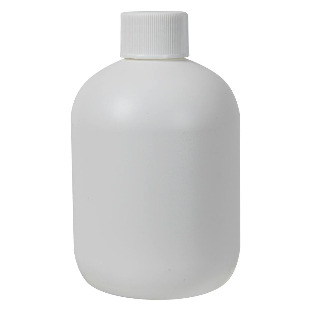8 oz. White HDPE Stubby Boston Round Bottle with 24/410 White Ribbed Cap with F217 Liner