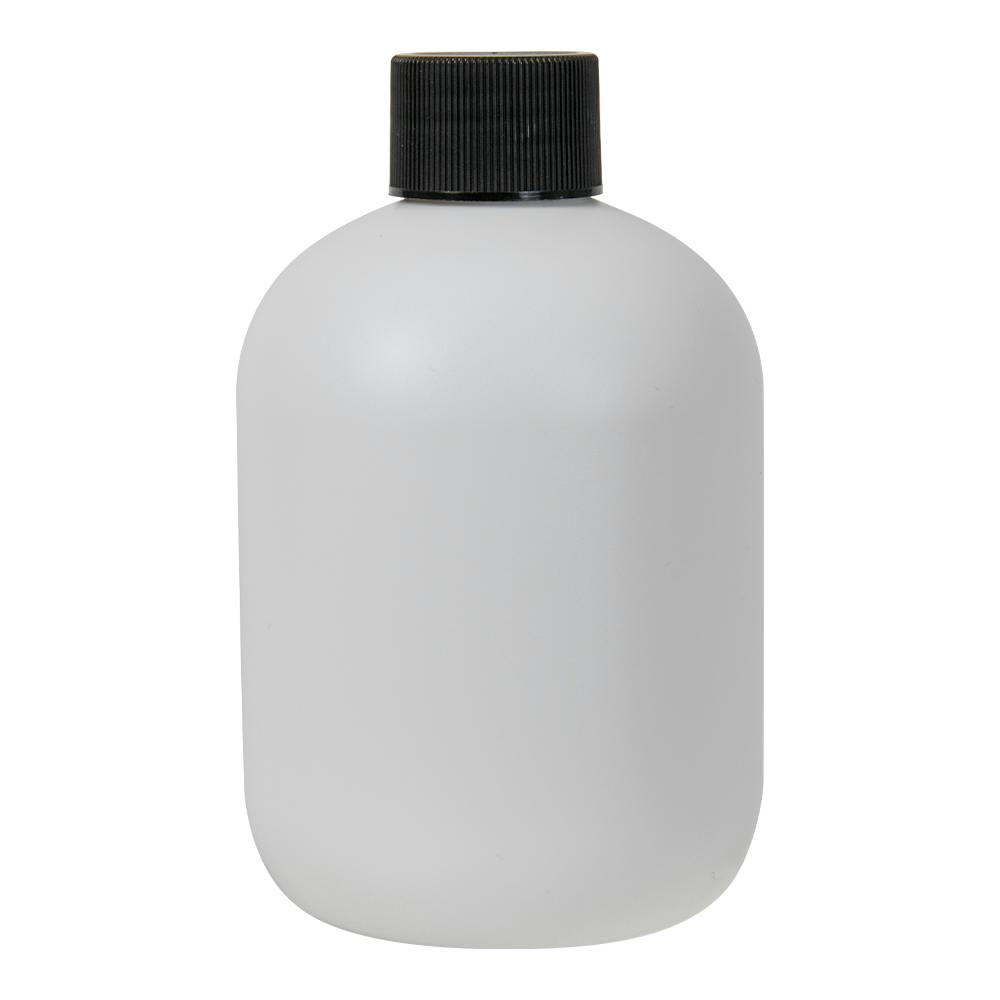 8 oz. White HDPE Stubby Boston Round Bottle with 24/410 Black Ribbed Cap with F217 Liner