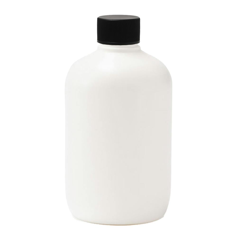 11 oz. White HDPE Stubby Boston Round Bottle with 24/410 Black Ribbed Cap with F217 Liner