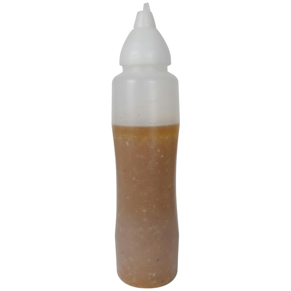 34 oz. Natural LDPE Round Wide Mouth Squeeze Sauce Bottle with 53mm White HDPE Anti-Drip Cap