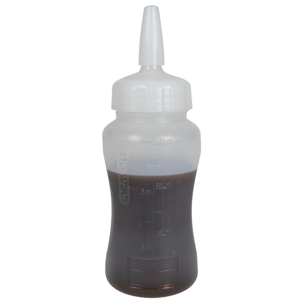 12 oz. Natural LDPE Round Wide Mouth Squeeze Sauce Bottle with 53mm White HDPE Precise Dispensing Nozzle Cap