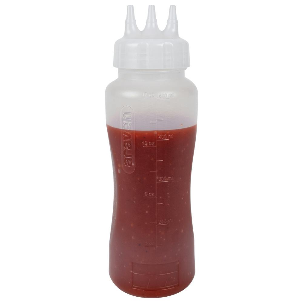 17 oz. Natural LDPE Round Wide Mouth Squeeze Sauce Bottle with 53mm White HDPE Dispensing 3-Nozzle Cap