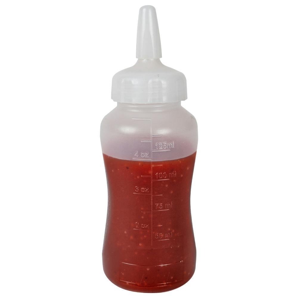 5 oz. Natural LDPE Round Mini Squeeze Sauce Bottle with White HDPE Precise Dispensing Nozzle Cap