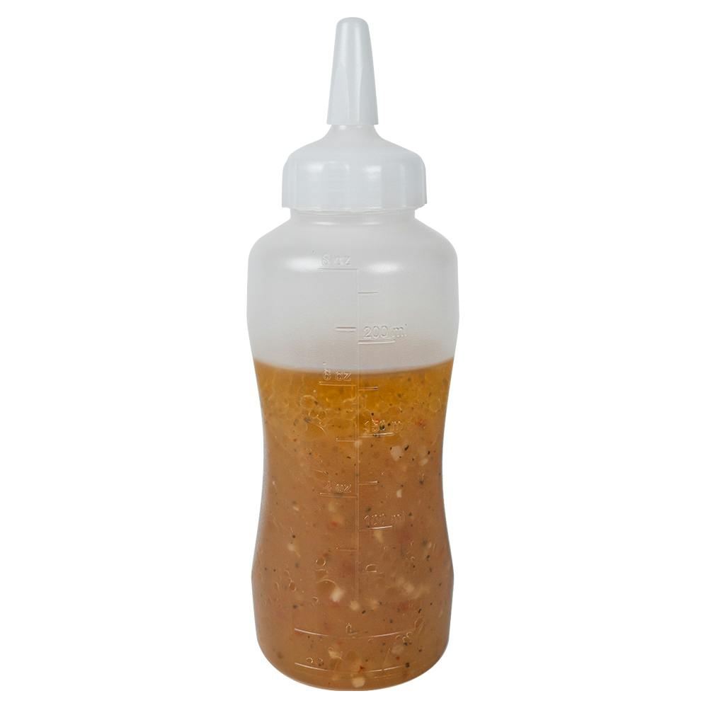 8 oz. Natural LDPE Round Mini Squeeze Sauce Bottle with White HDPE Precise Dispensing Nozzle Cap
