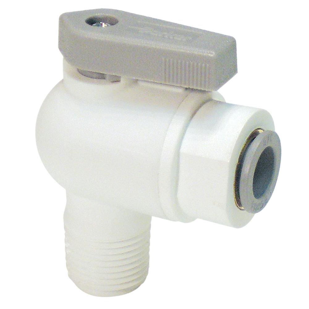 1/4" OD Push-to-Connect x 1/8" MNPTF White Polypropylene LIQUIfit® Male Elbow Two-Way Ball Valve