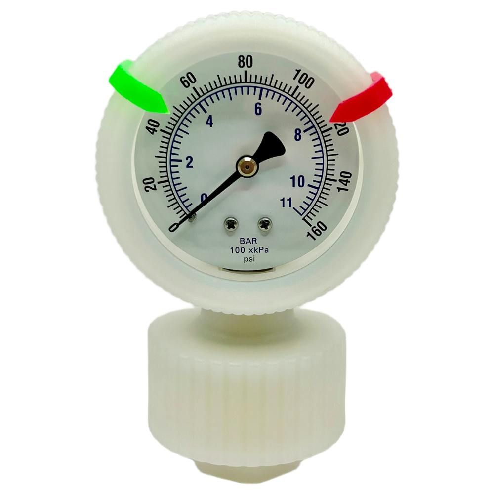 White PVDF One-Piece Molded Pressure Gauge with PTFE Diaphragm - 0 to 15 psi Range