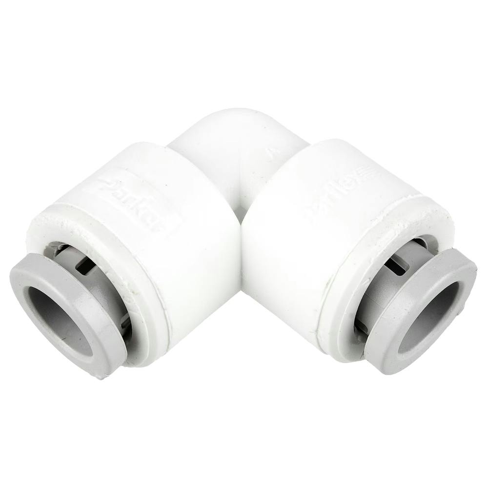 3/8" OD Push-to-Connect x 1/4" OD Push-to-Connect White Polypropylene TrueSeal™ 90° Union Elbow