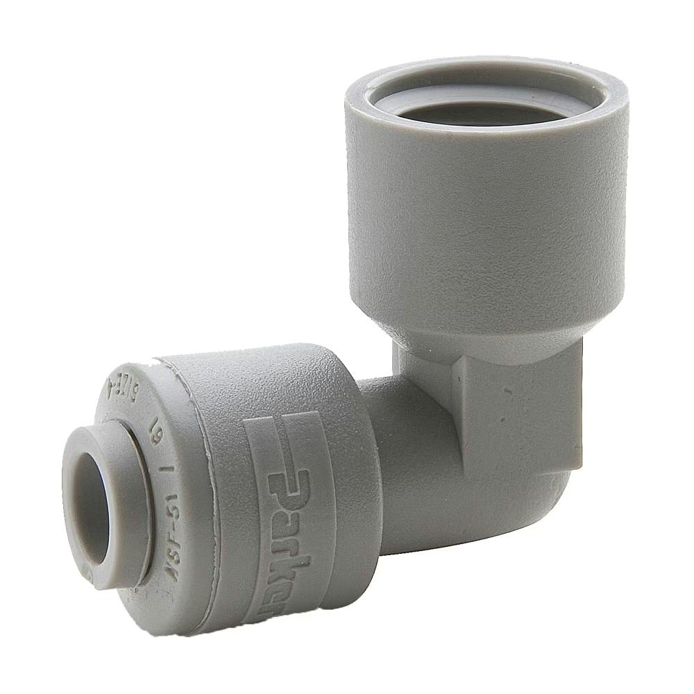 3/8" OD Push-to-Connect x 3/8" FNPTF Gray Acetal TrueSeal™ 90° Female Elbow