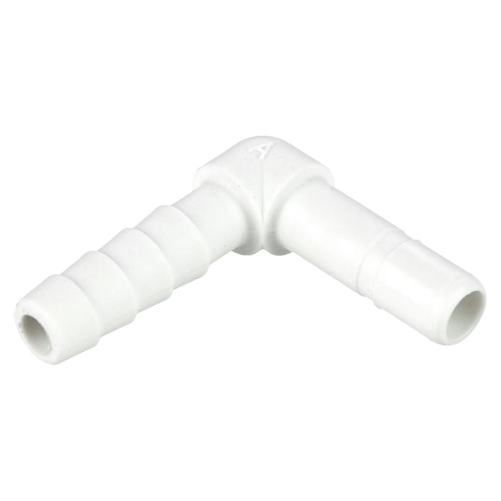 1/4" OD Tube Stem x 1/4" Hose Barb White Polypropylene TrueSeal™ 90° Tube Stem Elbow