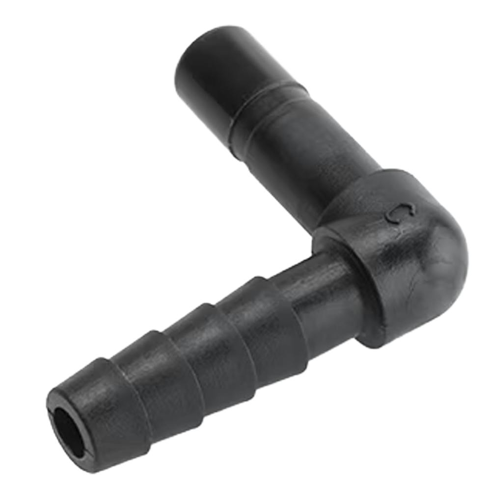 1/4" OD Tube Stem x 1/4" Hose Barb Black Kynar® PVDF TrueSeal™ 90° Tube Stem Elbow