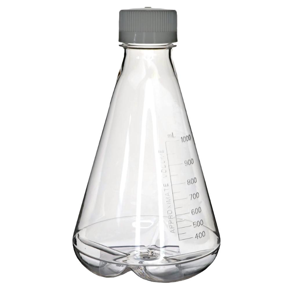 1000mL Clear PETG Sterile Baffled-Bottom Erlenmeyer Flask with 45/430 White Polypropylene Non-Vented Cap - Case of 6