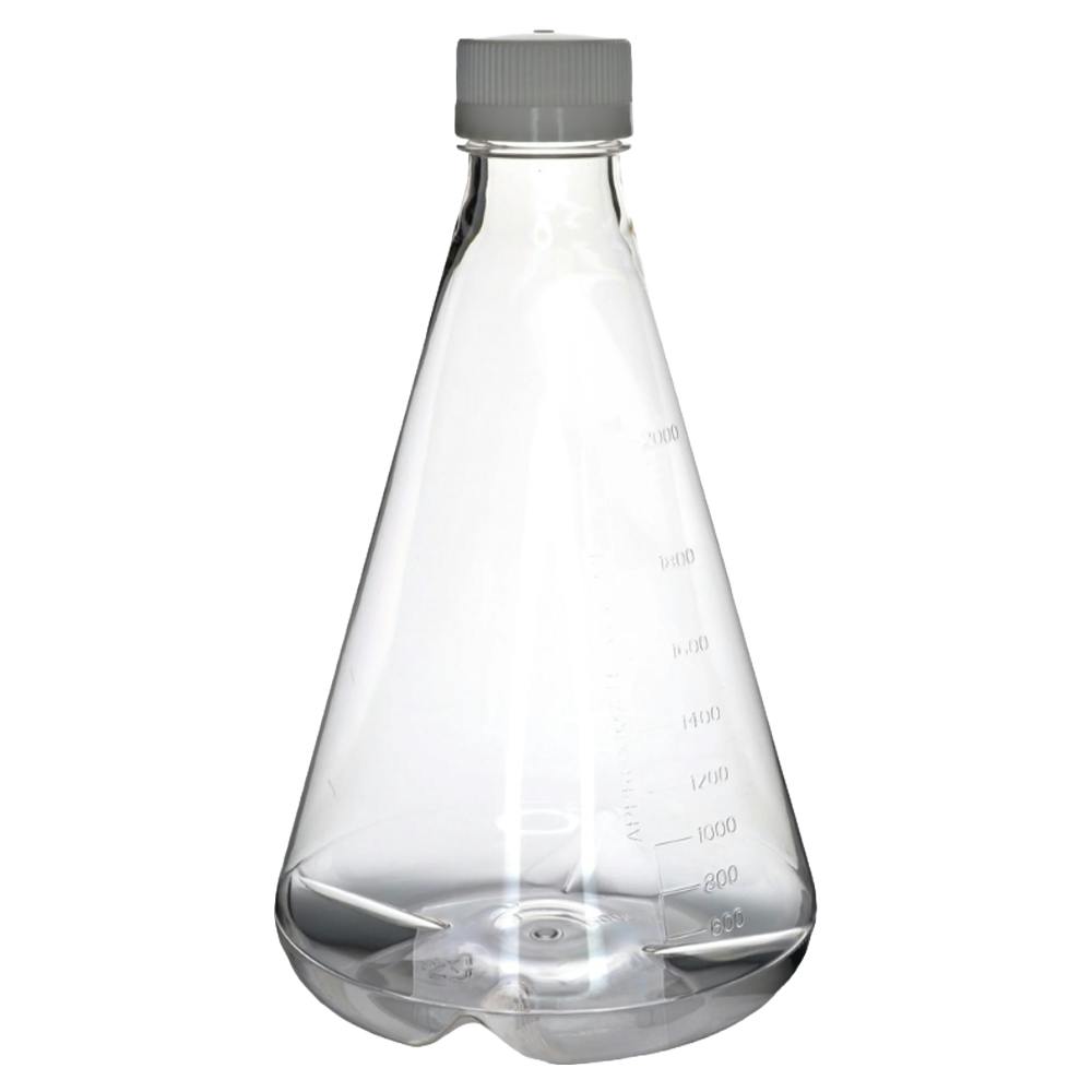 2000mL Clear PETG Sterile Baffled-Bottom Erlenmeyer Flask with 45/430 White Polypropylene Non-Vented Cap - Case of 4