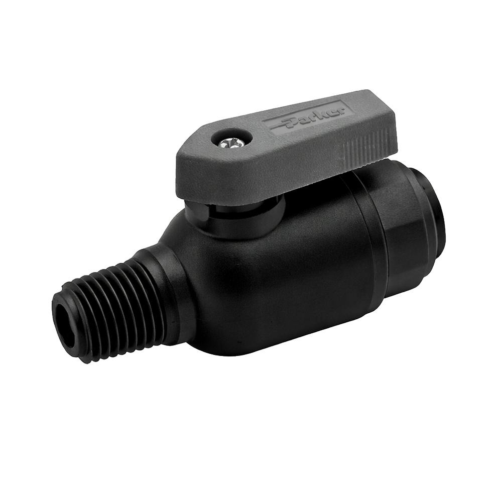 1/4" OD Push-to-Connect x 1/4" MNPTF Black Polypropylene TrueSeal™ Male Connector Two-Way Ball Valve