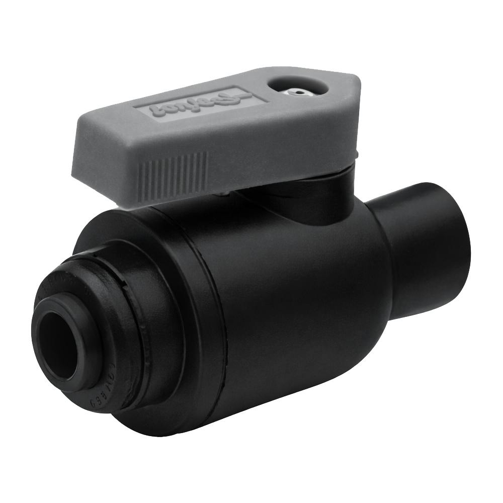 3/8" OD Push-to-Connect x 3/8" FNPTF Black Polypropylene TrueSeal™ Female Connector Two-Way Ball Valve