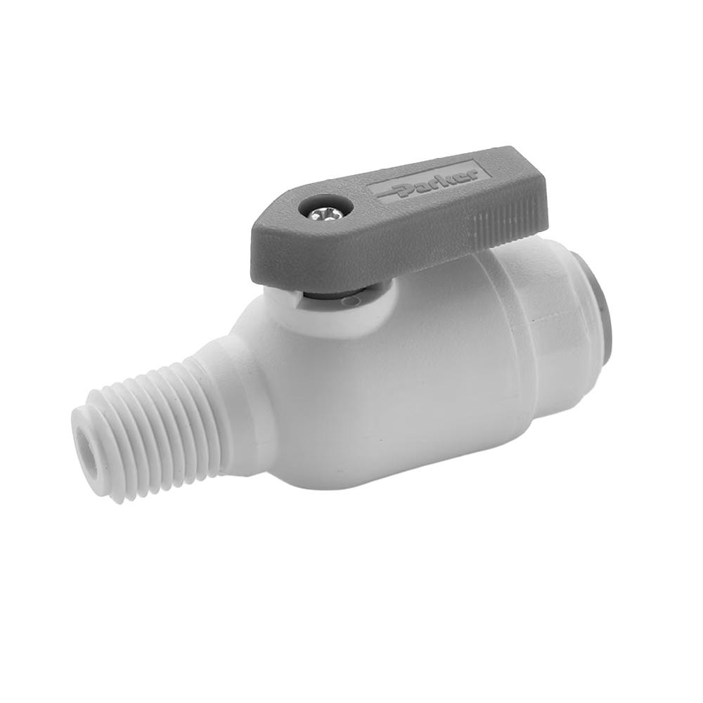 3/8" OD Push-to-Connect x 1/4" MNPTF White Polypropylene TrueSeal™ Male Connector Two-Way Ball Valve