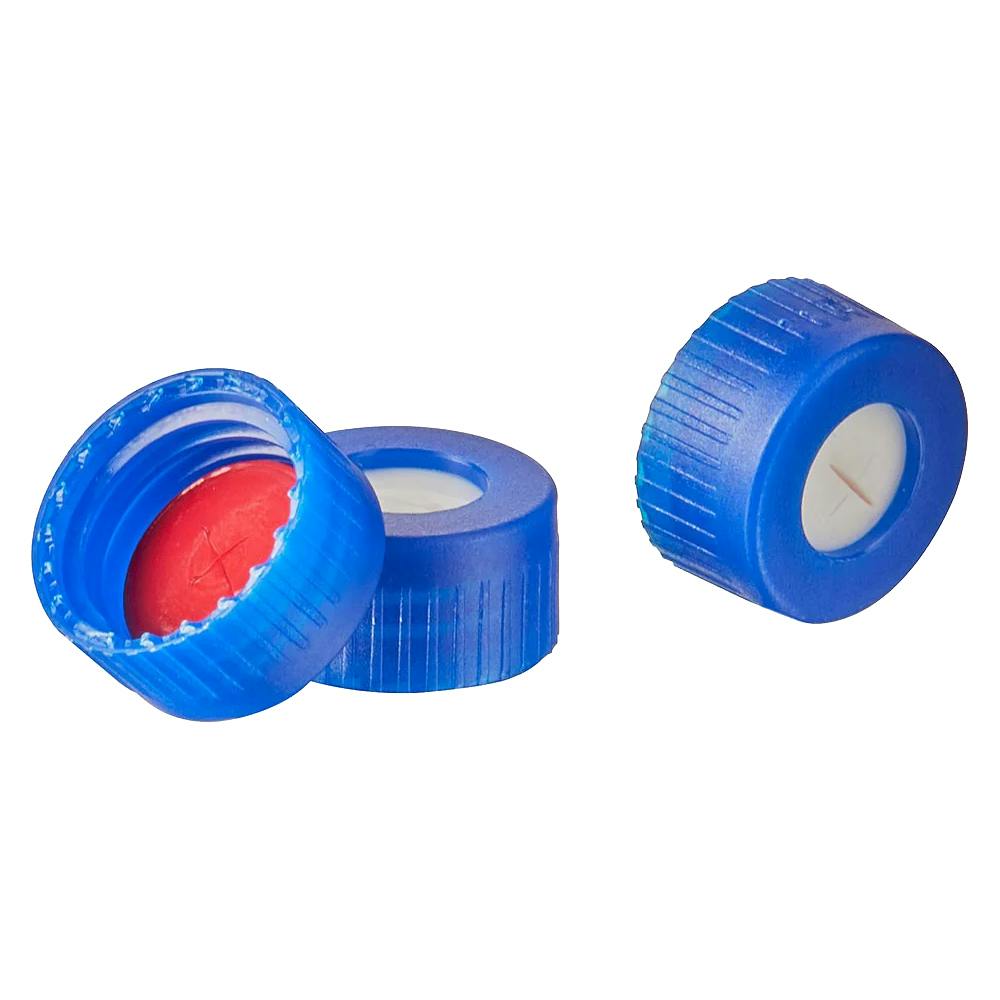 9mm Blue Polypropylene Pre-Slit Open-Top Screw Cap with Bonded Red PTFE & White Silicone Septum for 2mL DiamondPure™ Chromatography Vials - Case of 1000