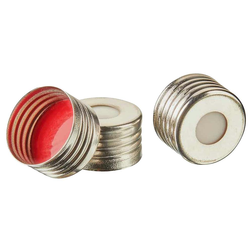 18mm Steel/Magnetic Open-Top Screw Cap with Red PTFE & White Silicone Septum for DiamondPure™ Headspace Vials - Case of 1000