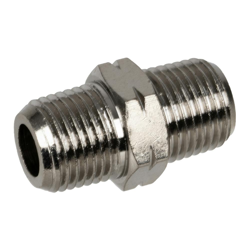 1/8" MNPT x 0.846" L Nickel-Plated Brass Threaded Hex Nipple